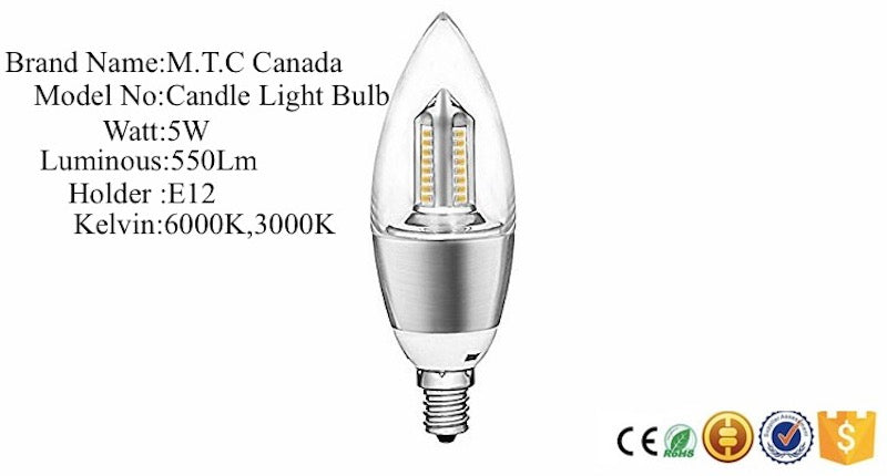 (Pack of 50 )3000K E12 LED Candle Light Bulb 5W, E12 Base Dimmable I.V: 85-265V 3000K Warm White 550Lm
